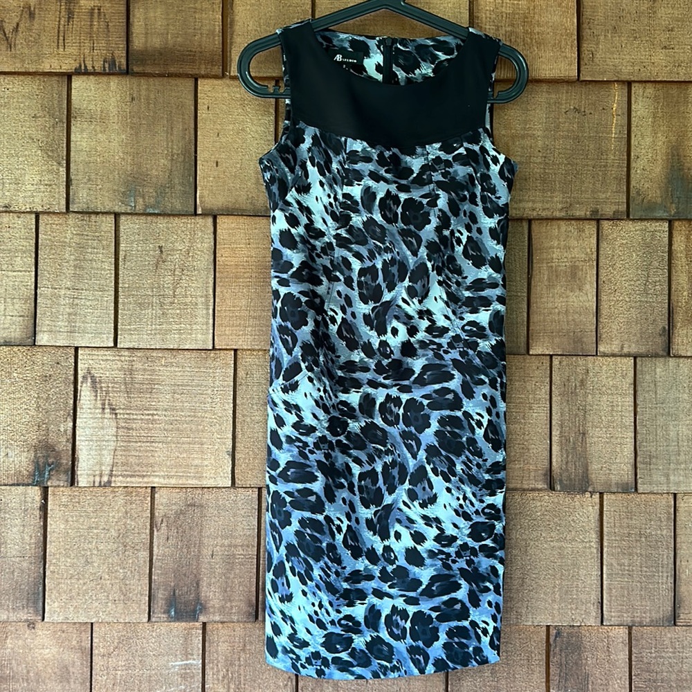 AB Studio leopard print sheath dress in gray and black, size 2